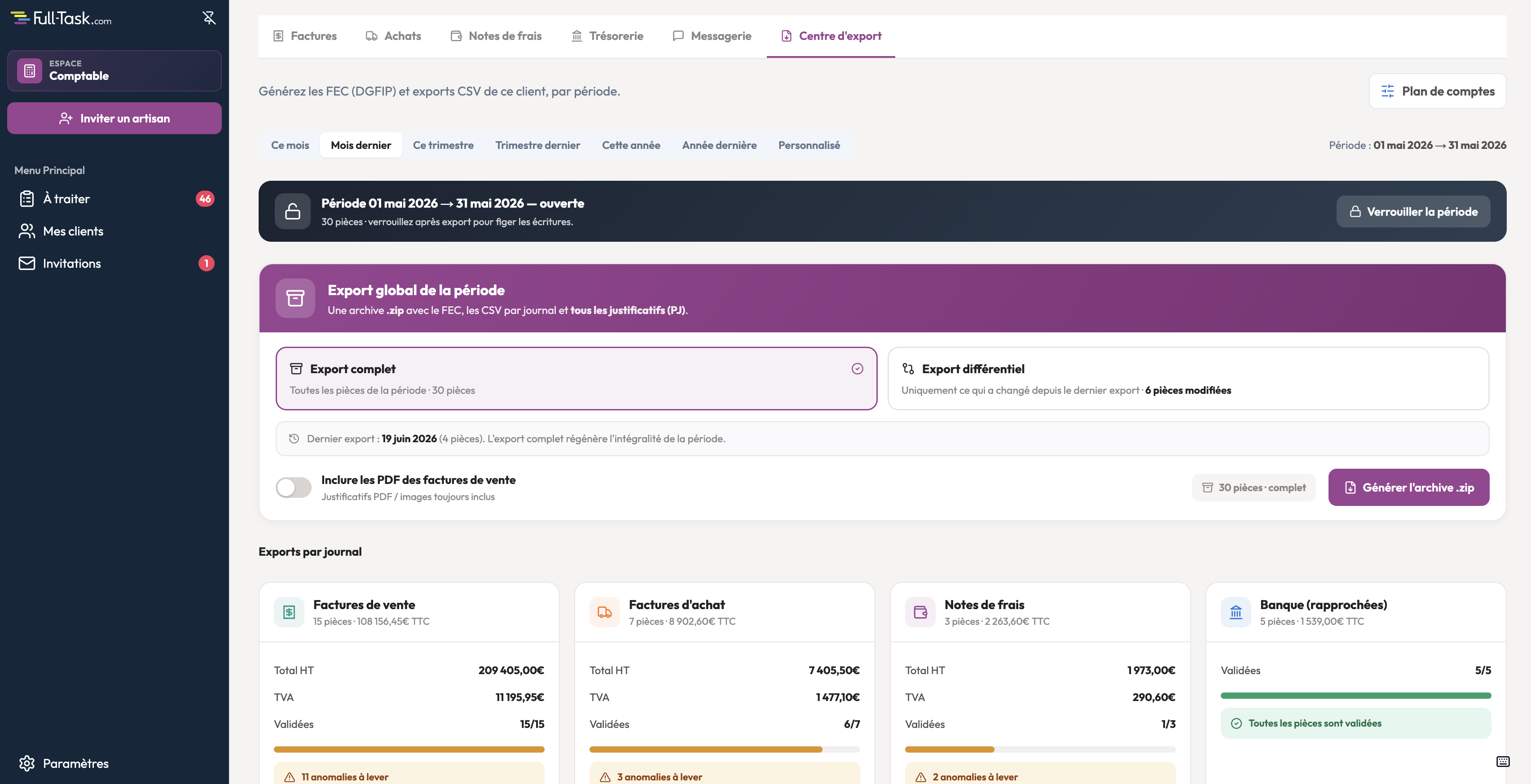 Espace comptable Full Task : centre d'export FEC complet et différentiel, exports par journal