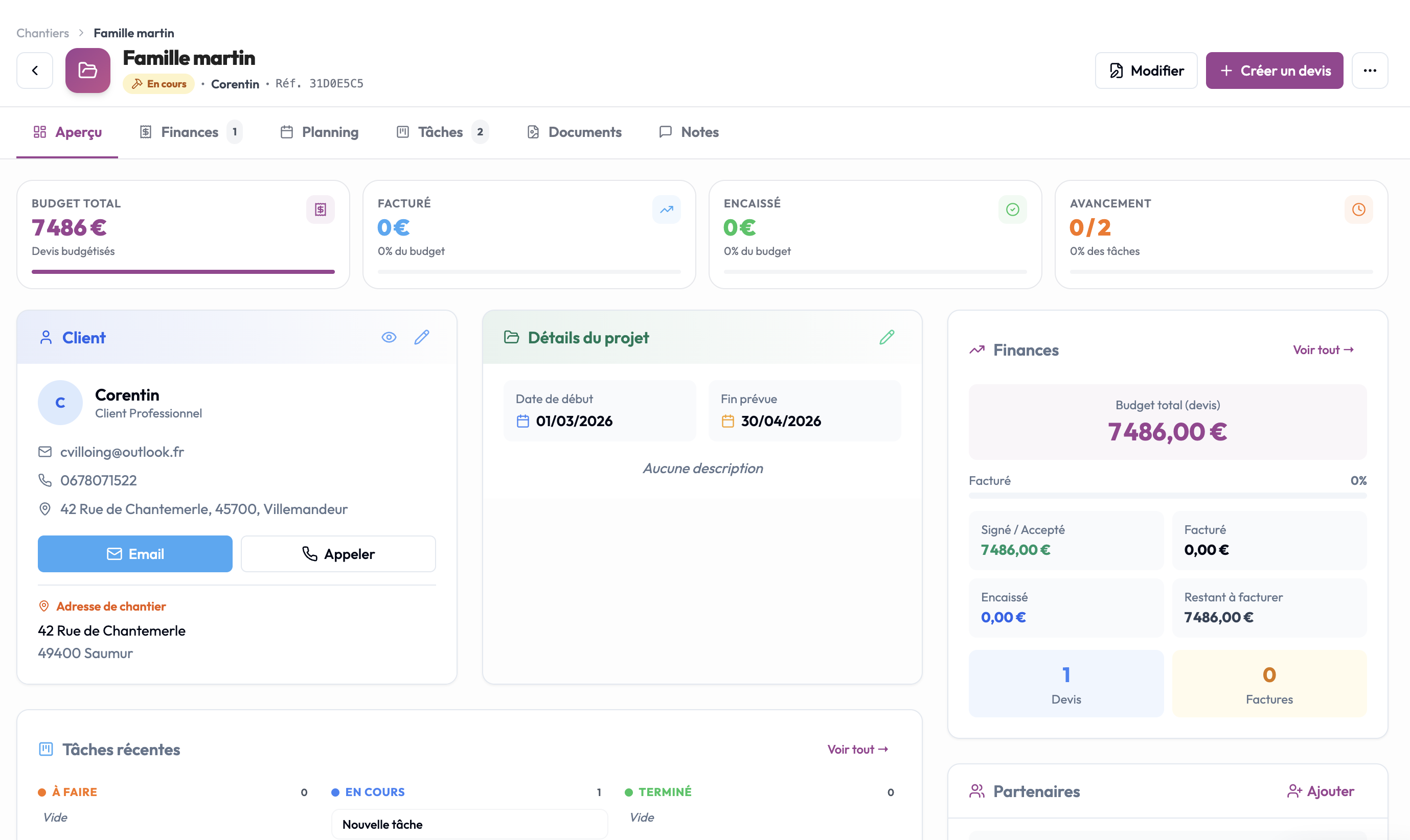 Interface gestion de chantiers Full Task