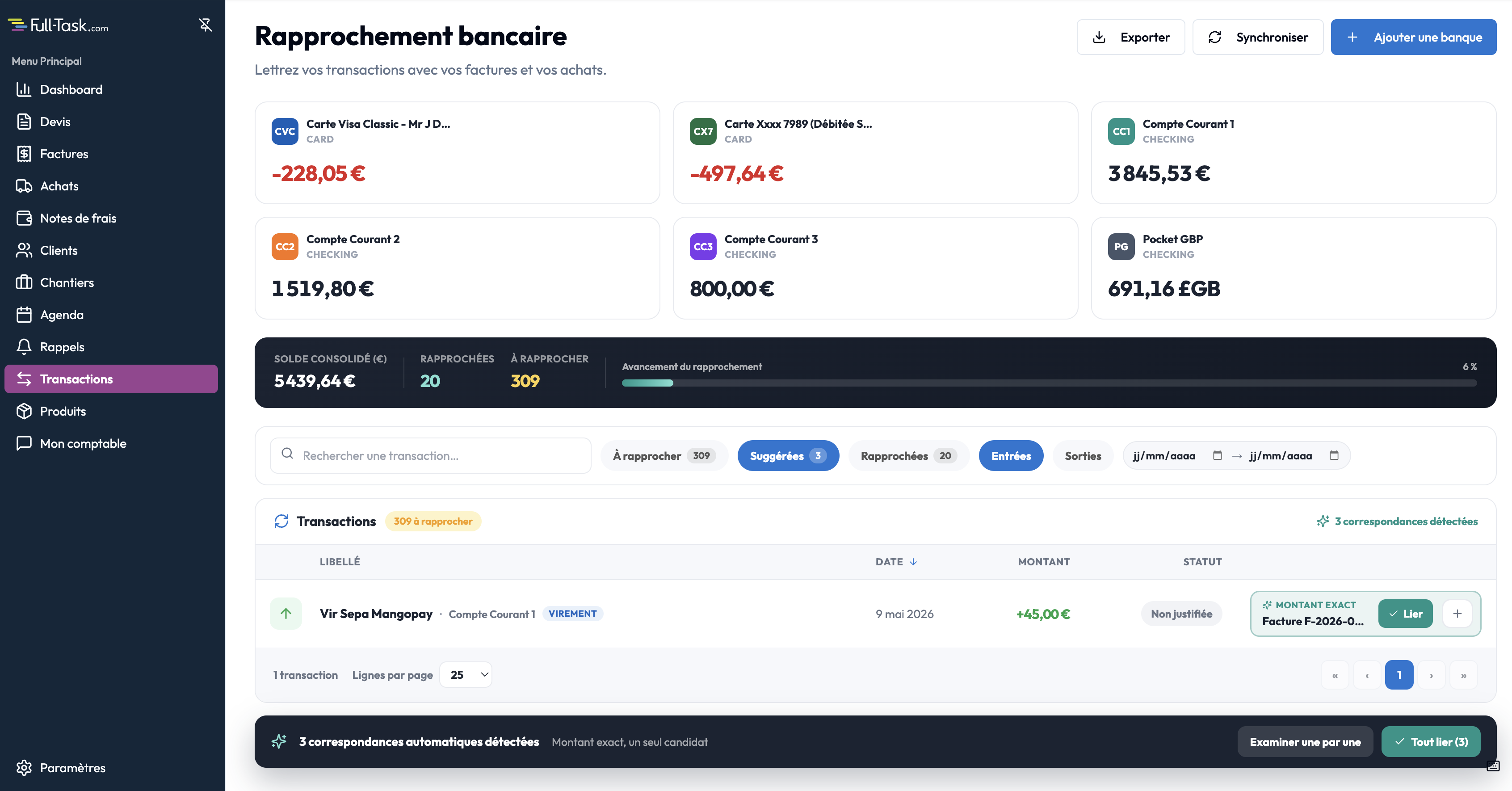 Rapprochement bancaire Full Task : soldes multi-comptes consolidés et lettrage assisté des transactions